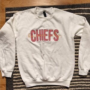 White 'Chiefs' Crewneck Sweater with Red Lettering